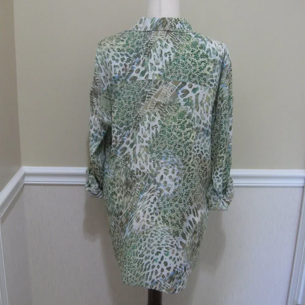 Chicos Animal Print Chiffon Tunic Blouse sz M Jeweled Collar Green Beige - Picture 9 of 12